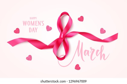 8 march. Happy Women's day design template. Decorative pink bow and heart confetti with text on pink background. Vector illustration