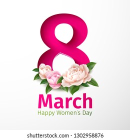 8 of march, happy womens day holiday poster with peony flowers in papercut number 8. Pink origami symbol for international female spring holiday and realistic florals. Vector illustration