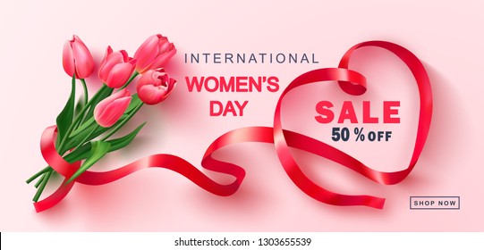 8 March Happy Women's Day sale banner.Beautiful Background with tulips and ribbon. Vector illustration for postcards,posters, coupons, promotional material.