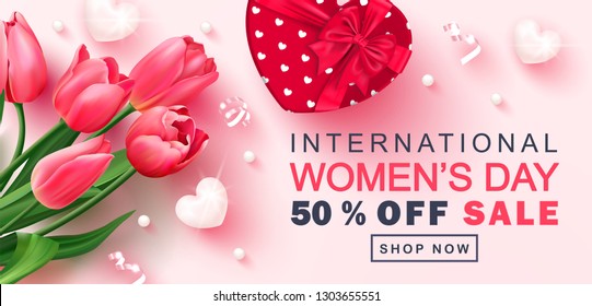 8 March Happy Women's Day sale banner. Beautiful Background with tulips,hearts, serpentine, beads and gift box. Vector illustration for postcards,posters, coupons, promotional material.