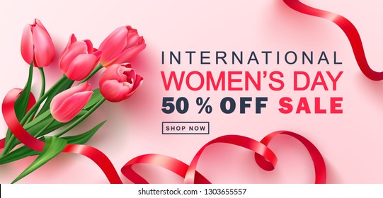 8 March Happy Women's Day sale banner. Beautiful Background with tulips and ribbon. Vector illustration for postcards,posters, coupons, promotional material.