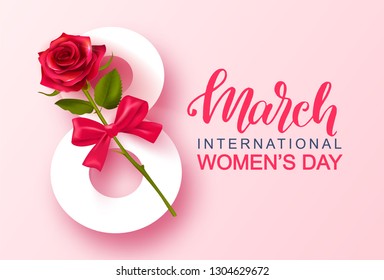 8 March Happy Women's Day banner. Beautiful Background with rose and bow. Vector illustration for website , posters,postcards,ads, coupons, promotional material.