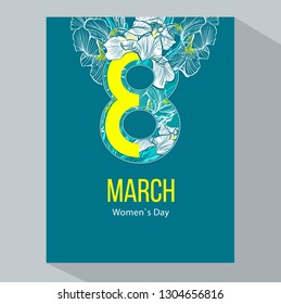 8 March. Happy Women`s Day. Negative space trend. Iris flowers in the style of engraving. Color iris flowers sketch. 