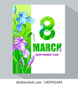 8 March. Happy Women`s Day. Negative space trend. Irises flowers, color sketch. 