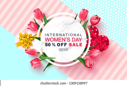 8 March Happy Women's Day sale banner. Beautiful Background with tulips and gift boxes. Vector illustration for postcards,posters, coupons, promotional material