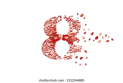 8 March. Happy Women's day greeting number eight textured with hearts original element for your design. Digit eight consists of small hearts. Mosaic style illustration in red, pink color