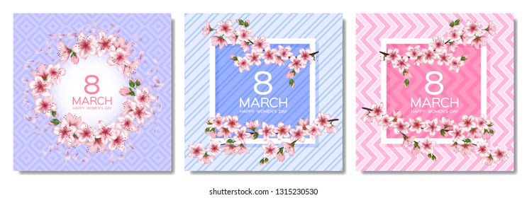 8 March Happy Women's Day vector cards set. Japanese cherry blossom branches, pink sakura flowers frames. Elegant cards with sakura branch tree flowers bloom. March 8th international womens day design