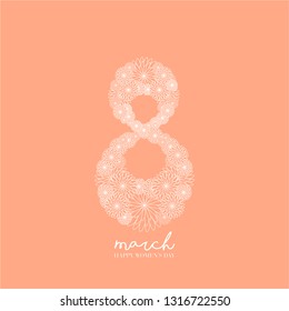 8 March. Happy Women's Day. Floral figure of eight. Mother`s day greeting card. Spring blossom illustration on orange background.Seasonal holiday. Vector graphic. Flat design for card, postcard,poster