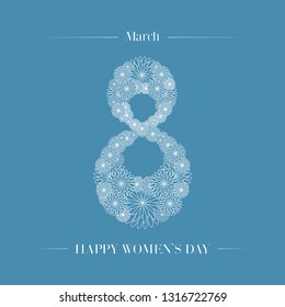 8 March. Happy Women's Day. Floral figure of eight. Mother`s day greeting card. Spring blossom illustration on blue background. Seasonal holiday. Vector graphic. Flat design for card, postcard, poster