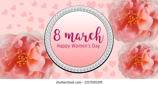 8 March Happy Women's Day vector cards. Elegant cards with pink rose. March 8th international womens day design