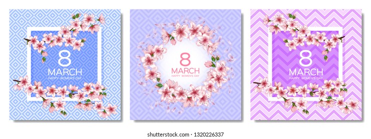 8 March Happy Women's Day vector cards set. Japanese cherry blossom branches, pink sakura flowers frames. Elegant cards with sakura branch tree flowers bloom. March 8th international womens day design