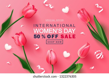 8 March Happy Women's Day sale banner. Beautiful Background with tulips, hearts and serpentine. Vector illustration for website , posters,postcards,ads, coupons, promotional material.