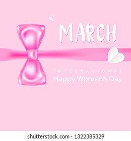 8 March. Happy Womens Day. Decorative pink bow with horizontal ribbon on white background. Vector illustration