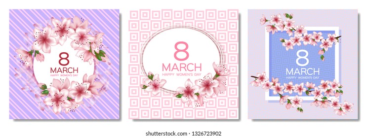 8 March Happy Women's Day vector cards set. Japanese cherry blossom branches, pink sakura flowers frames. Elegant cards with sakura branch tree flowers bloom. March 8th international womens day design