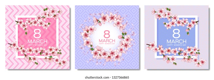 8 March Happy Women's Day vector cards set. Japanese cherry blossom branches, pink sakura flowers frames. Elegant cards with sakura branch tree flowers bloom. March 8th international womens day design