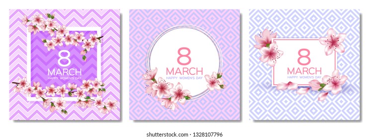 8 March Happy Women's Day vector cards set. Japanese cherry blossom branches, pink sakura flowers frames. Elegant cards with sakura branch tree flowers bloom. March 8th international womens day design