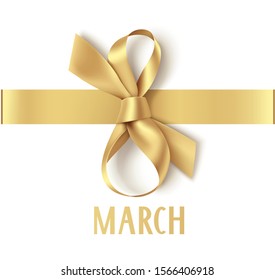 8 March. Happy Womens Day. Decorative golden bow with horizontal ribbon isolated on white background. Vector illustration