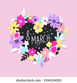 8 March. Happy Women's Day greeting card with flowers and leaves in paper cut style. Congratulating and wishing Spring holidays design. Origami Floral bouquet and hand drawn lettering.