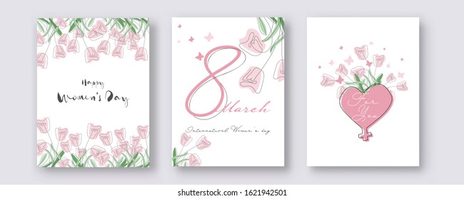 8 March, Happy Women's Day Template Design Decorated with Doodle Style Tulip Flowers, Butterflies and Heart Shape Venus Sign in Three Option.