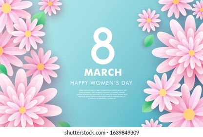 8 march. Happy Women's Day. Paper cut floral poster, banner or greeting card. Origami flower holiday background. Promotion, shopping template with frame and place for text. Trendy Design Template