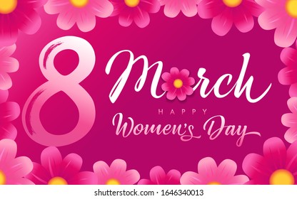 8 March. Happy Women's day vector greeting card with decor of pink flower and calligraphy text. Number 8 in watercolor style. Applicable for web banner, flyer, cards and invitation