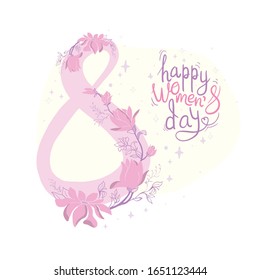 8 March. Happy Women's Day. The figure eight braided flowers. Spring holiday. Card design with hand drawn floral ornament. Colorful background with blossom.