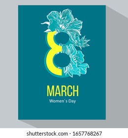 8 March. Happy Women`s Day. Roses flowers, color sketch. 8 March vertical placard, poster, flyer, banner invitation card.  Mother s Day.