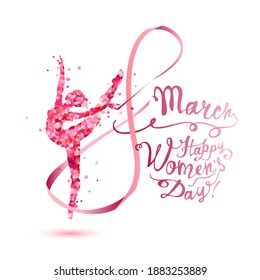 8 march. Happy Women's Day! Silhouette of a dancing woman with ribbon of pink rose petals