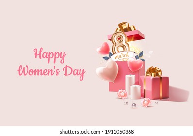 8 march Happy Women's Day. Realistic pink open gift box with foil balloon number, heart shape balloon, flowers, candles. Banner, web poster, flyer, stylish brochure, greeting card, cover background