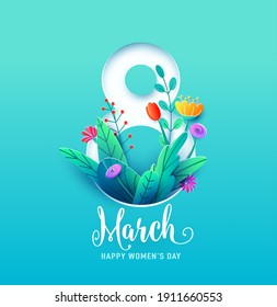 8 March, Happy Womens Day Greeting Card Vector Illustration In 3d Paper Cut Style. Number Eight With Spring Flowers And Leaves On Blue Background.