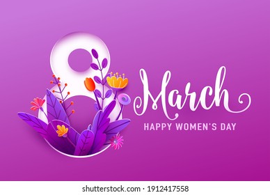 8 march, happy womens day greeting banner vector illustration in 3d paper cut style. Big number eight with spring flowers and leaves on purple background.