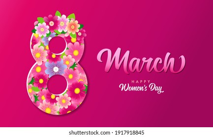 8 March, Happy women's day lettering and flowers pink poster. Greeting card for International Womens Day with vector illustration elegant hand drawn calligraphy and flowers pattern in shape eight