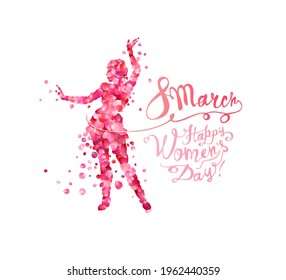 8 march. Happy Women's Day.  Silhouette of a dancing woman  of pink rose petals