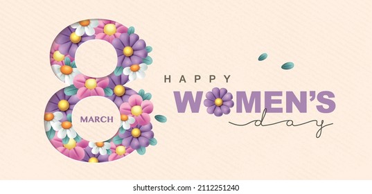 8 March, Happy Women's Day greeting card with blossom flowers.