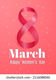 8 March. Happy Womens Day Greeting Card Design. International Female Holiday Illustration with 3d Colorful Eight Number on Shiny Pink Background. Vector International Celebration Template.