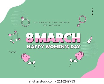 8 March, Happy Women's Day Concept With Diamond Ring, Female Gender Sign, Rose Flower, Music Note, Lipstick On Abstract Green Background.