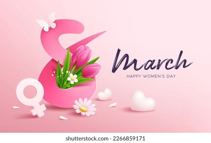 8 de marzo feliz día de la mujer con flores de tulipán y mariposa, corazón, diseño de pancartas sobre fondo rosa, ilustración de EPS10 Vector.
