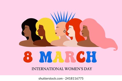 8 march. Happy women's day card with Five women of different ethnicities and cultures stand side by side together. Women's History Month banner. Flat vector illustration.