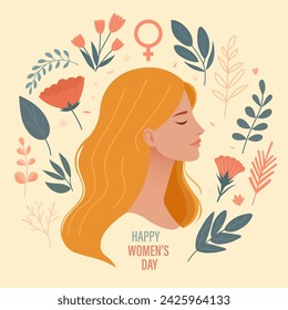 8 de marzo feliz día de la mujer. Perfil de la mujer. Ilustración de vector