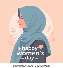 8 de marzo, feliz día de la mujer. Perfil lateral de la mujer con hijab. Ilustración de vector