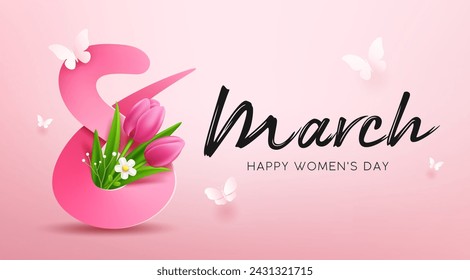 8 de marzo, Feliz día de la mujer con flores de tulipán y mariposa, diseño de concepto de banner sobre fondo rosa, EPS10 ilustración vectorial.
