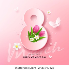 8 March, Happy women's day with tulip flowers and butterfly, poster design on pink background, EPS10 Vector illustration.