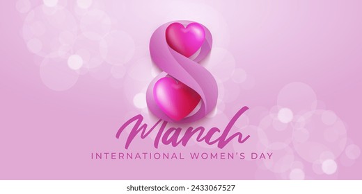 8 March Happy Womens Day Banner with 3d Hearts on symbol