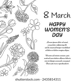 8 march. Happy womens day. One line black flowers isolated on white background. Square banner with copy space for text. Outline botanical elements. Online post design. Vector isolated illustration