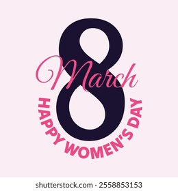 8 march Happy Women's day greeting card, banner, poster, template design. Elegant number eight on pink background. Women's Day logo, sticker, tag, label. Vector typography.