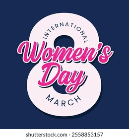 8 march Happy Women's day greeting card, banner, poster, template design. Modern number eight with pink text on blue background. Women's Day logo, sticker, tag, label. Vector typography.