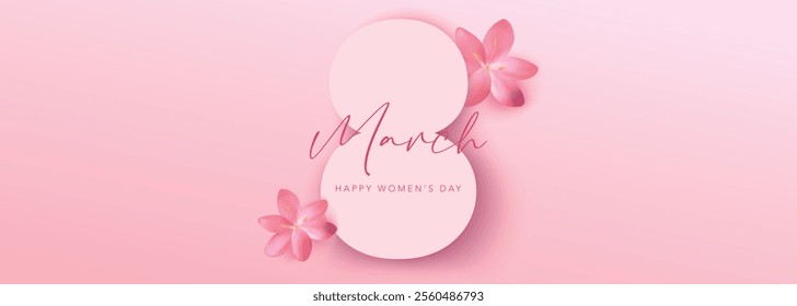 8 March Happy Women's Day greeting card, social media, website, post, invitation. International Women's Day vector illustration with realistic flowers and paper cut. Background for discount, sale, ads