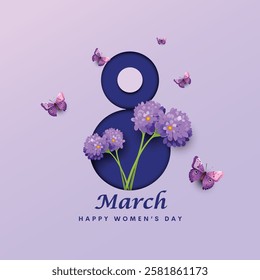 8 March, Happy women's day with flowers and butterfly, poster design background, EPS10 Vector illustration.