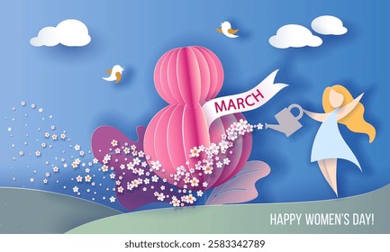 8 March Happy women's day. Woman waters flower with can in shape of number eight. Abstract background with text and flowers .Vector illustration. Paper cut and craft style.