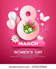 8 March, Happy women's day with tulip flowers and butterfly, balloon, poster flyer design on pink background, EPS10 Vector illustration
